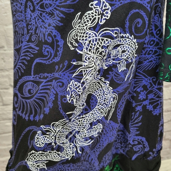 Desigual dress black green blue fit flare long sleeve dragon zebra detail Sz S - Picture 11 of 15